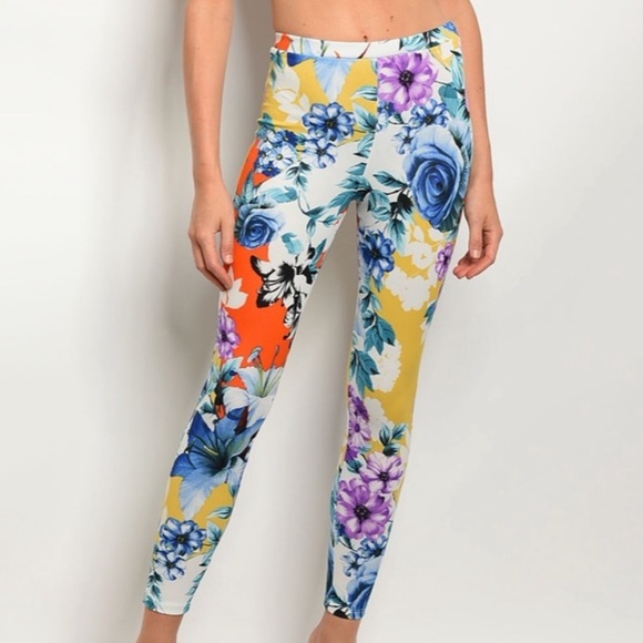 Ivory + blue multicolor floral print leggings - Picture 6 of 8